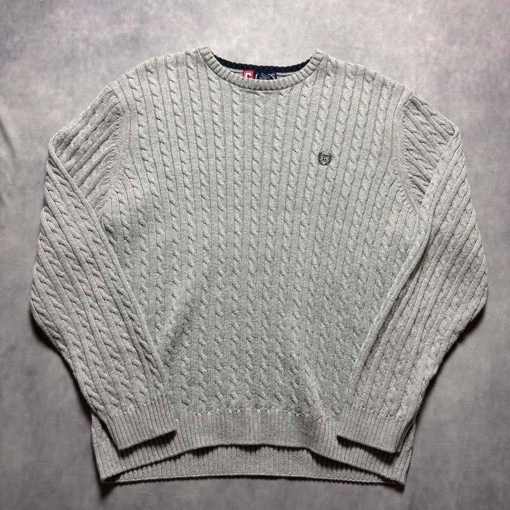 Chaps Mens Large Gray‎ Cable Knit Crewneck Sweater 100% Cotton Long Sleeve Logo